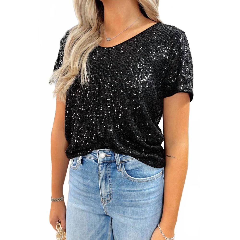 NEW PRETTY BASH sequin short sleeve top in black